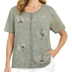 Vintage 90s Bentley Ramie Cotton Floral Applique Knit Cardigan Top Size M Boho